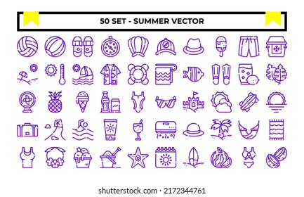 Summer icon set or logo illustration vector graphic with beach, sun, ball, sunglasses, etc. Perfect use for ui, website, pattern, design, etc.