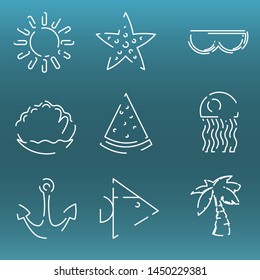 Summer icon set on a blue background. Vector illustration in flat lines style. 