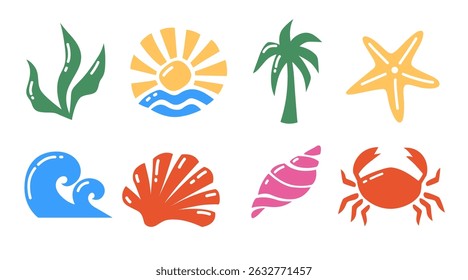 Ícone de verão definido com elementos do mar e do sol. Símbolos vetoriais coloridos de praia, onda, concha e palma para projetos de oceanos, logotipos retrô ou gráficos de férias.