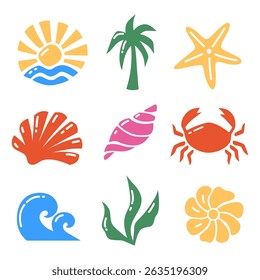 Summer Icon Set with Sea and Sun Elements. Colorful Vector Symbols of Beach, Wave, Shell and Palm for Ocean Designs, Retro Logos or Vacation Graphics.