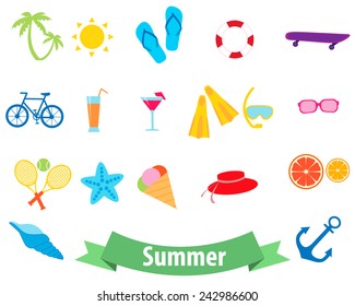 Summer icon set. Sports and beach accessories. Vector illustration