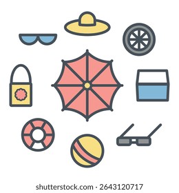 Summer Icon Set. Sticker collection featuring various beach and summer items such as umbrella, ball, lifebuoy, hat and sunglasses. Vector illustration