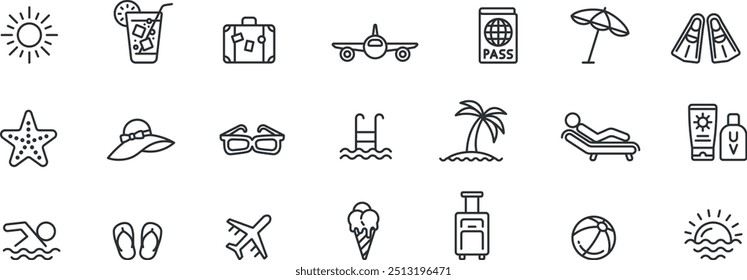 Summer icon set. sun, flippers, sun glasses, swimming pool, ice cream etc.