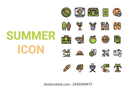Summer icon set symbol of tourism for web and app isolated on white background. Inflatable ball, airplane, sunglasses, starfish, suitcase, flamingo, palm trees, ice cream