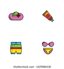 Summer icon set template vector. Summer icons neatly designed in geometric style that use outlines with typical summer colors.