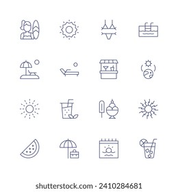 Summer icon set. Thin line icon. Editable stroke. Containing surfer, bikini, beach bar, sun, beach, ice cream shop, watermelon, summer, swimming pool, ice tea, sunbed, solstice, holidays, lemonade.