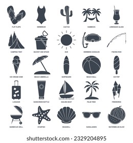 Summer icon set, travel symbols collection, logo illustrations, beach icons, tourism signs linear pictograms package isolated vector illustration