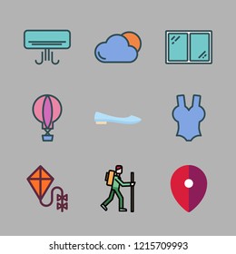 summer icon set. vector set about kite, cloud, ballet flats and air conditioner icons set.