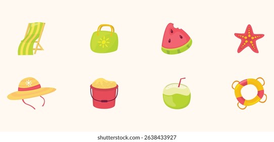 Summer icon set vector illustration featuring beach, sun, coconut, umbrella, swimsuit, and travel elements. Perfect for holiday, vacation