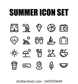 Summer Icon Set Vector Simple Design Line Style. Ball, Short, Juice, Sun, Camera, Sandals And Others. Editable Stroke Pixel Perfect