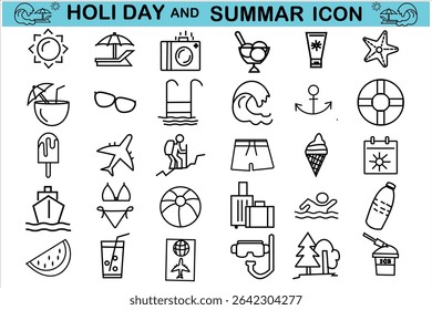 Summer icon set. summer set of web icons in line style. summer holidays, travel, beach, tourism, hotel, relax, sea, camera, luggage, passport, sunglass,  vector illustration.