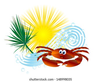 Summer icon with sun, wave and crab