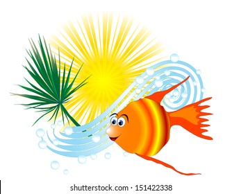 Summer icon with sun, wave and fish