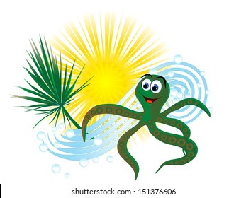 Summer icon with sun, wave and octopus