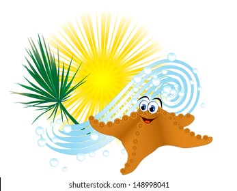 Summer icon with sun, wave and starfish