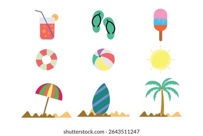 Summer icon and vacation travel sports food and elements full color line Icon set - editable vectors