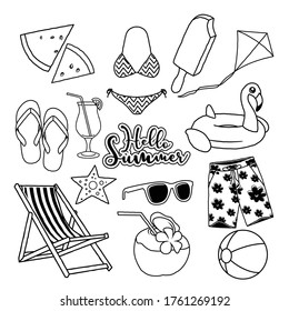 Summer icon vector hand drawn set black and white