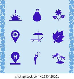 summer icon. summer vector icons set man has shower, location restaurant, chaise lounge umbrella and leaf
