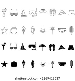 Summer icon vector set. Beach illustration sign collection. Vacation symbol or logo.