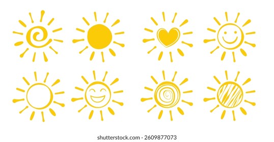 Summer icon yellow sun doodle set