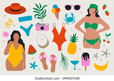 Summer icons. Abstract doodle elements woman swimsuit crab fruits tropical leaves, cartoon scrapbook set. Vector art