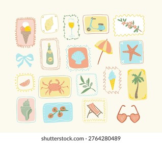 Summer icons arranged in frames including ice cream, scooter, cocktail, shell, crab, starfish, palm, umbrella, chair, and glasses in hand-drawn doodle style. Cartoon vector illustration.