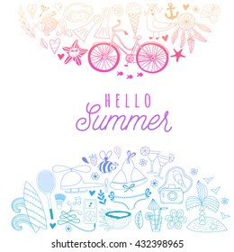 Summer icons, summer beach hand drawn vector symbols and objects, travel vacation doodle elements.