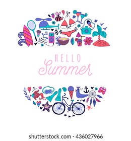 Summer icons, summer beach hand drawn vector symbols and objects, travel vacation doodle elements.