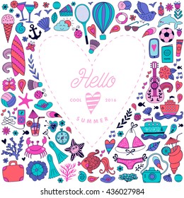 Summer icons, summer beach hand drawn vector symbols and objects, travel vacation doodle elements.