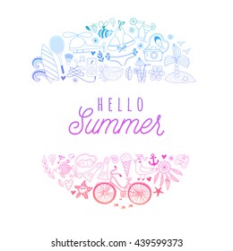 Summer icons, summer beach hand drawn vector symbols and objects, travel vacation doodle elements.