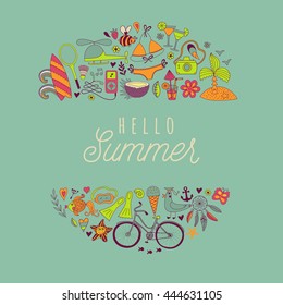 Summer icons, summer beach hand drawn vector symbols and objects, travel vacation doodle elements.