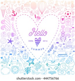 Summer icons, summer beach hand drawn vector symbols and objects, travel vacation doodle elements.