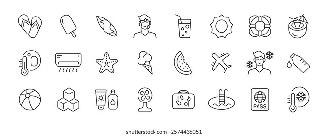 Summer icons: beach, refreshments, travel, and relaxation symbols. Vector icon