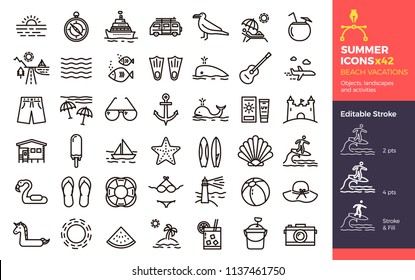 Summer Icons, Beach Vacations. Objects Landscapes And Activities. Vector Thin Line Illustration With Editable Stroke, Easily Editable. Seasonal, Holiday, Vacation, Traveling.