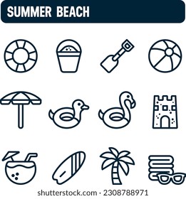 Iconos de verano. Juego de vectores de playa de verano. Diseño de iconos lineales. Vacaciones de verano.