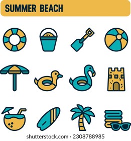 Sommersymbole. Sommerstrand, Vektorset. Farbsymbol-Design. Sommerurlaub.