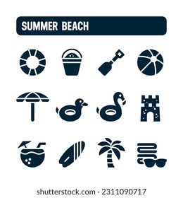 Summer icons. Summer beach vector set. Filled icon design.