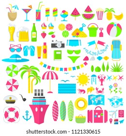 Summer icons big set. Flat vector cartoon illustration. Objects isolated on a white background.