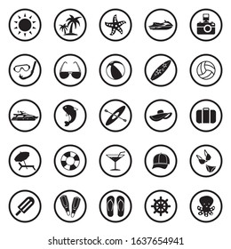 Summer Icons. Black Flat Design In Circle. Vector Illustration.