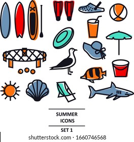 Summer Icons Black line set Travel, vacation and weekend Isolated Vector illustration set