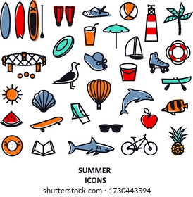 Summer Icons Black line set Travel, vacation and weekend Isolated Vector illustration set