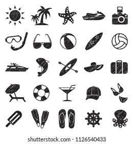 Summer Icons. Black Scribble Design. Vector Illustration.