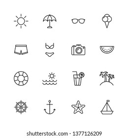 summer icons black thin line set on white background