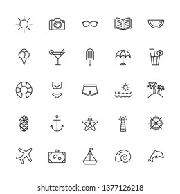 Summer Icons Black Thin Line Set On White Background