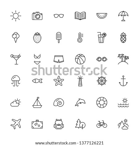 summer icons black thin line set on white background