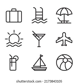 Summer Icons Black Thin Lines Set of Tourism Symbols for Web and Apps Isolated on White Background. Vector illustration