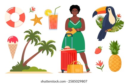 Summer icons. Black woman with suitcase, flamingo, toucan, tropical palm leaves, pineapple, ice cream, cocktail, palm, watermelon, hat, swimsuit flower Concept of adventure journey summer trip