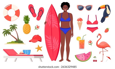 Summer icons. Black woman in swimsuit with surfboard, flamingo, toucan, pineapple, ice cream, cocktail, palm, watermelon, hat, swimsuit, flower sunbed Concept of adventure journey summer Vector
