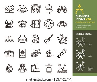 Summer icons, Camping and Nature. Objects, landscapes and activities. Vector thin line illustration. Editable stroke, easily editable. Vacation in mountains, adventure outdoors, traveling.