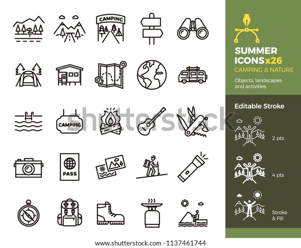 夏のアイコン キャンプと自然 オブジェクト 風景 アクティビティ ベクター細線のイラスト 編集可能なストローク 簡単に編集できます 山での休暇 屋外での冒険 旅 のベクター画像素材 ロイヤリティフリー